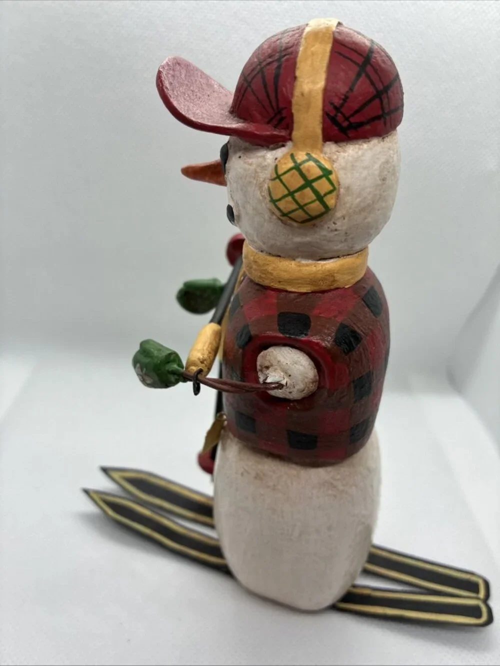 Handmade Wooden Snowman Skier Figurine Rustic Winter Christmas Decor Folk Art